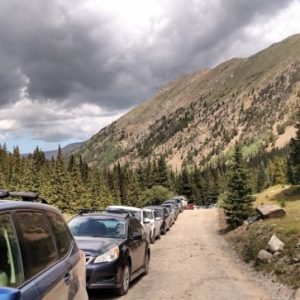 Crowded road with cars in Colorado back country