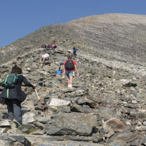 crowded Colorado peak with hikers